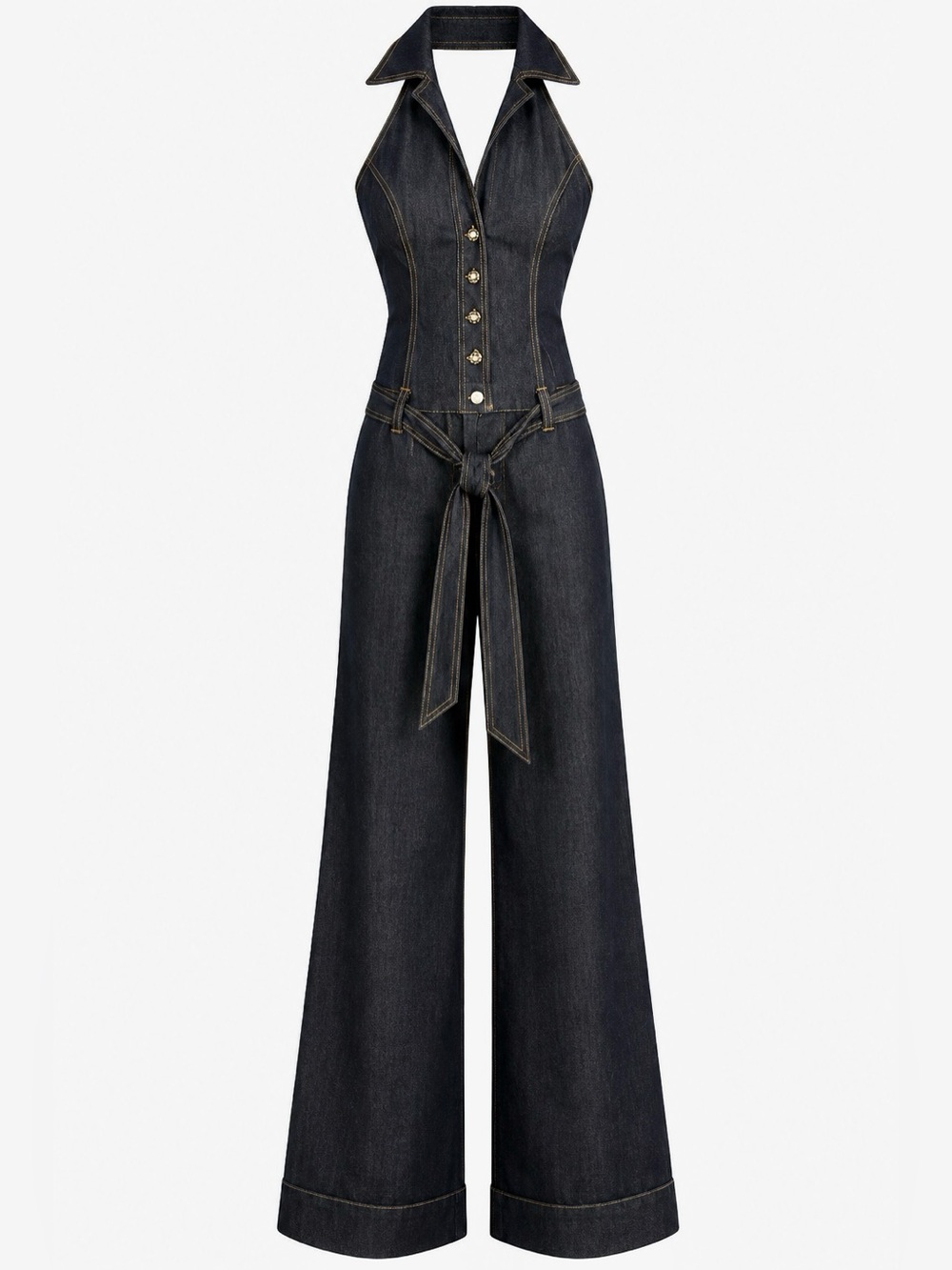 Bisou Bisou Y2K Dark Denim Halter Jumpsuit Wide Leg Open Back L - Picture 2 of 13
